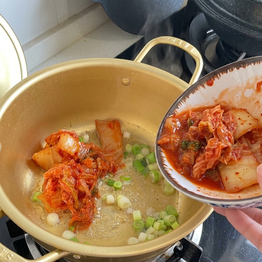 A person using wooden chopsticks to move sliced kimchi from a white bowl into a gold pot.