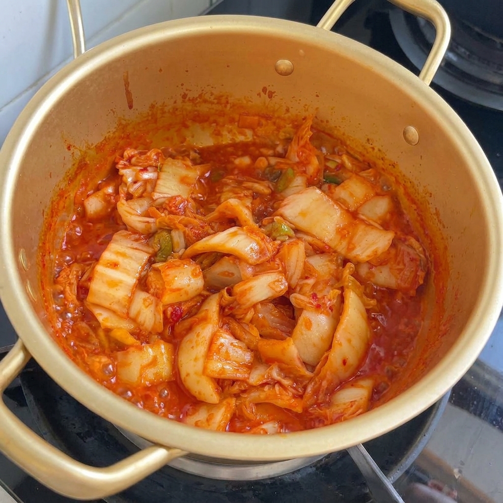 Dark soy sauce being poured onto a bubbling mixture of kimchi and scallions inside a gold pot.