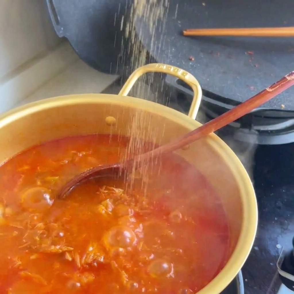 Whisked yellow eggs being poured onto a hot black circular griddle and scrambled.
