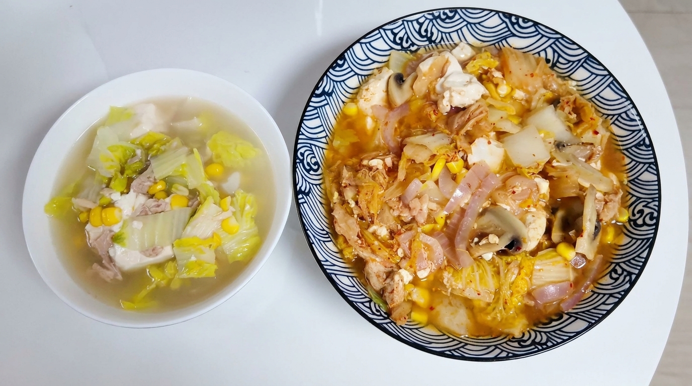 Healthy Tuna Kimchi Tofu Soup with Sweet Corn
