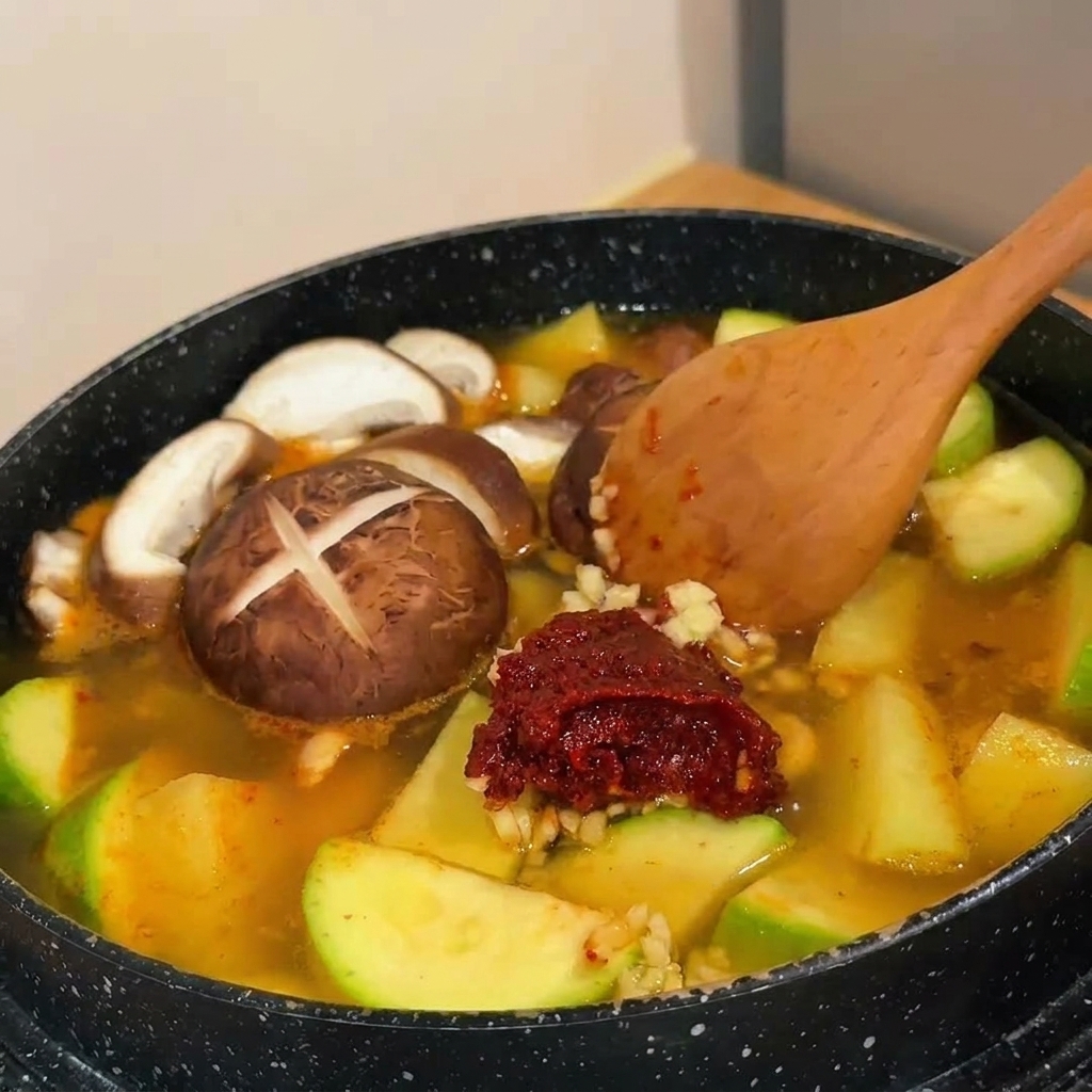 A thick, dark red chili and garlic paste being stirred into a simmering pot of vegetable stew with a large wooden spoon.