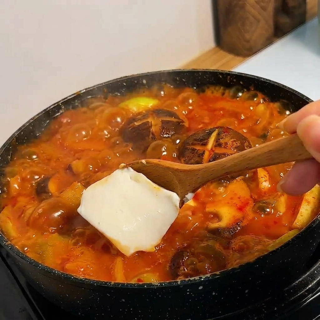 A smooth block of white tofu on a wooden spoon being dipped into a bubbling, bright red Korean-style stew.
