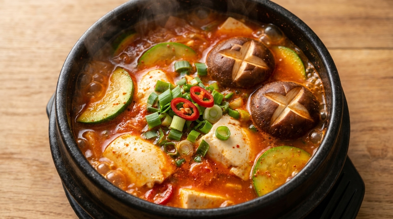 A bubbling pot of spicy kimchi soft tofu stew topped with scored shiitake mushrooms and fresh chilies.