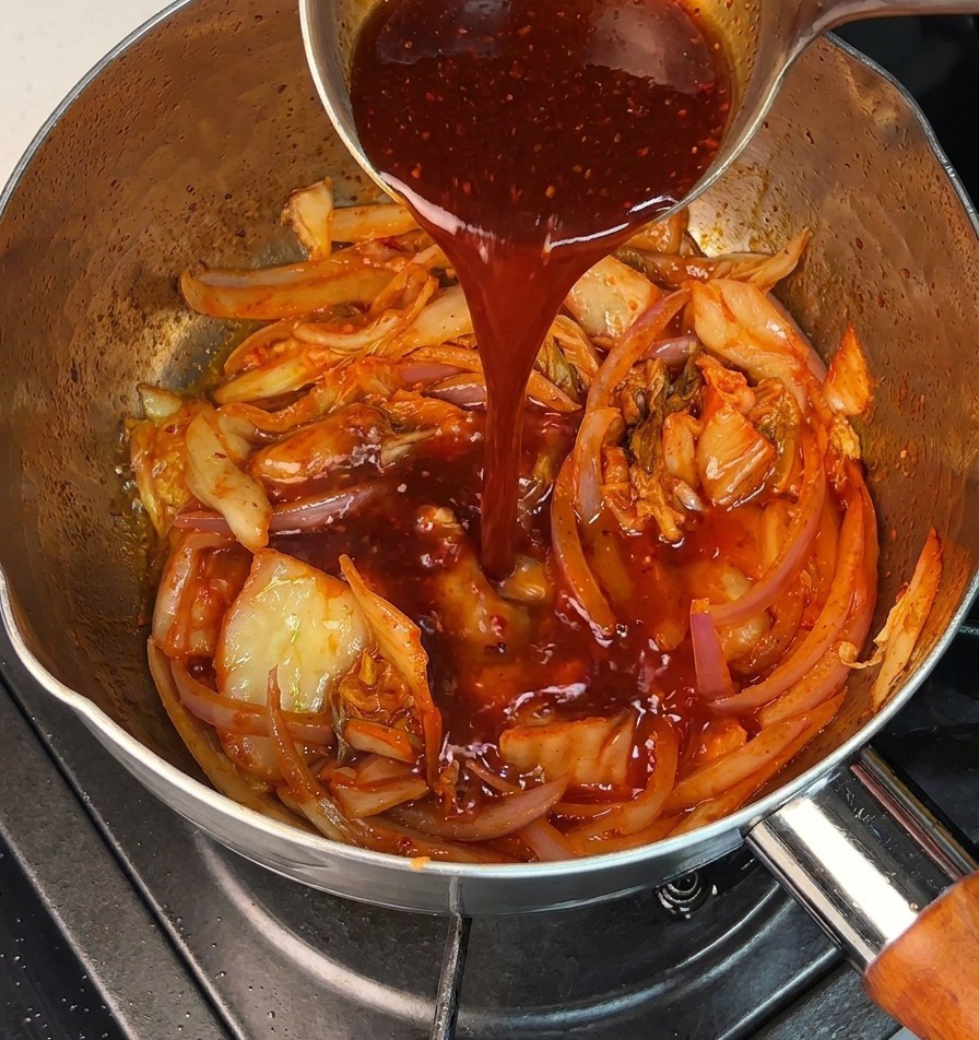 Red chili sauce being ladled into a pot containing a mixture of fried kimchi and onions.