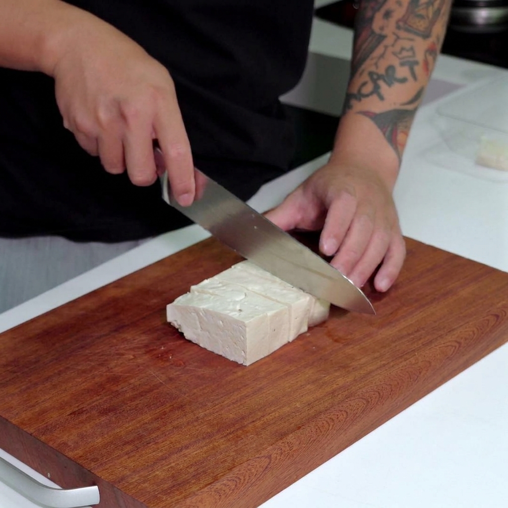 A large kitchen knife cutting a block of white tofu into small, even square cubes on a wooden cutting board.