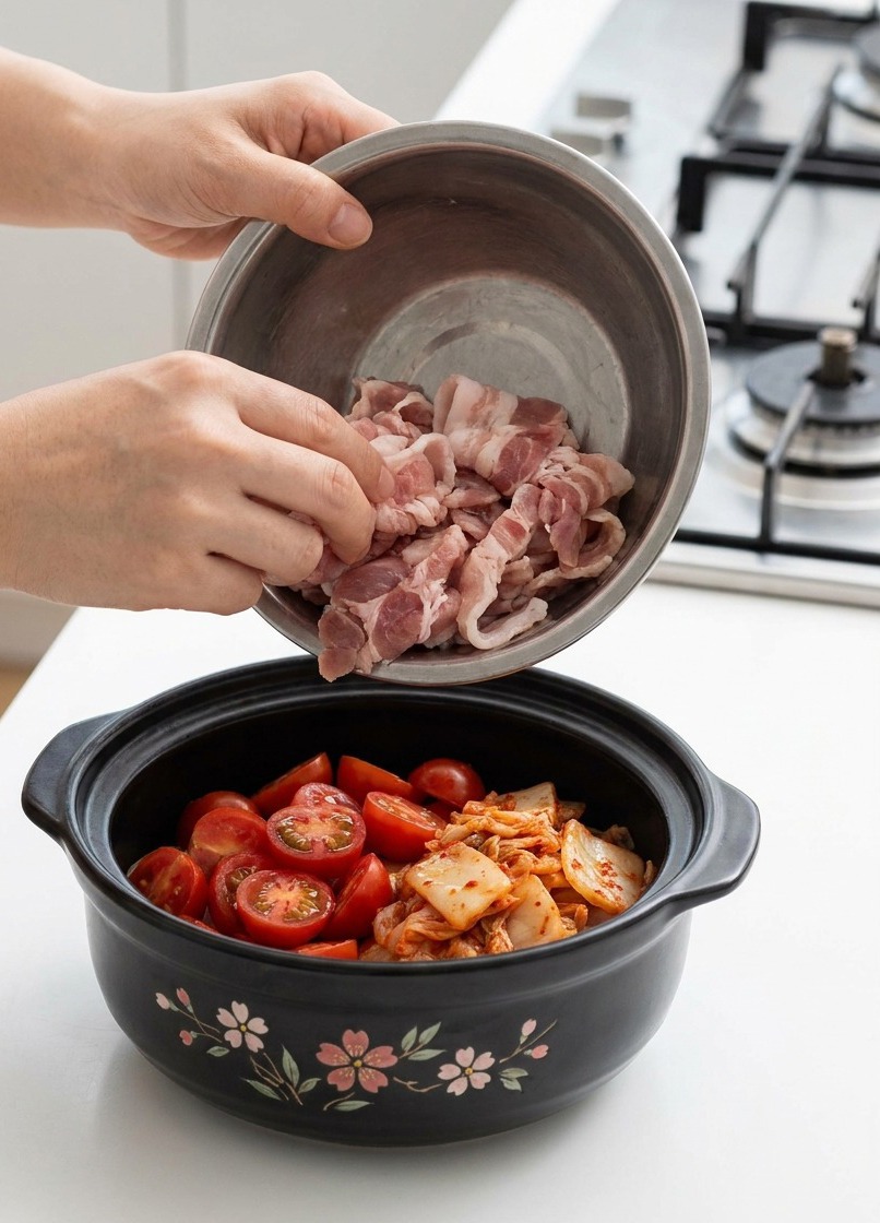 Hands transferring slices of raw pork belly from a stainless steel bowl into a black ceramic cooking pot.