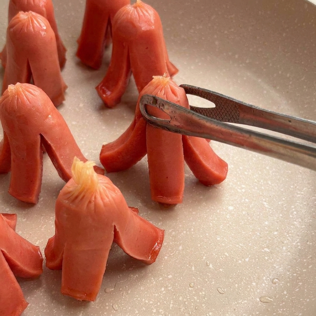 Small red sausages with ends cut into sections frying in a pan, curling into the shape of little octopuses.