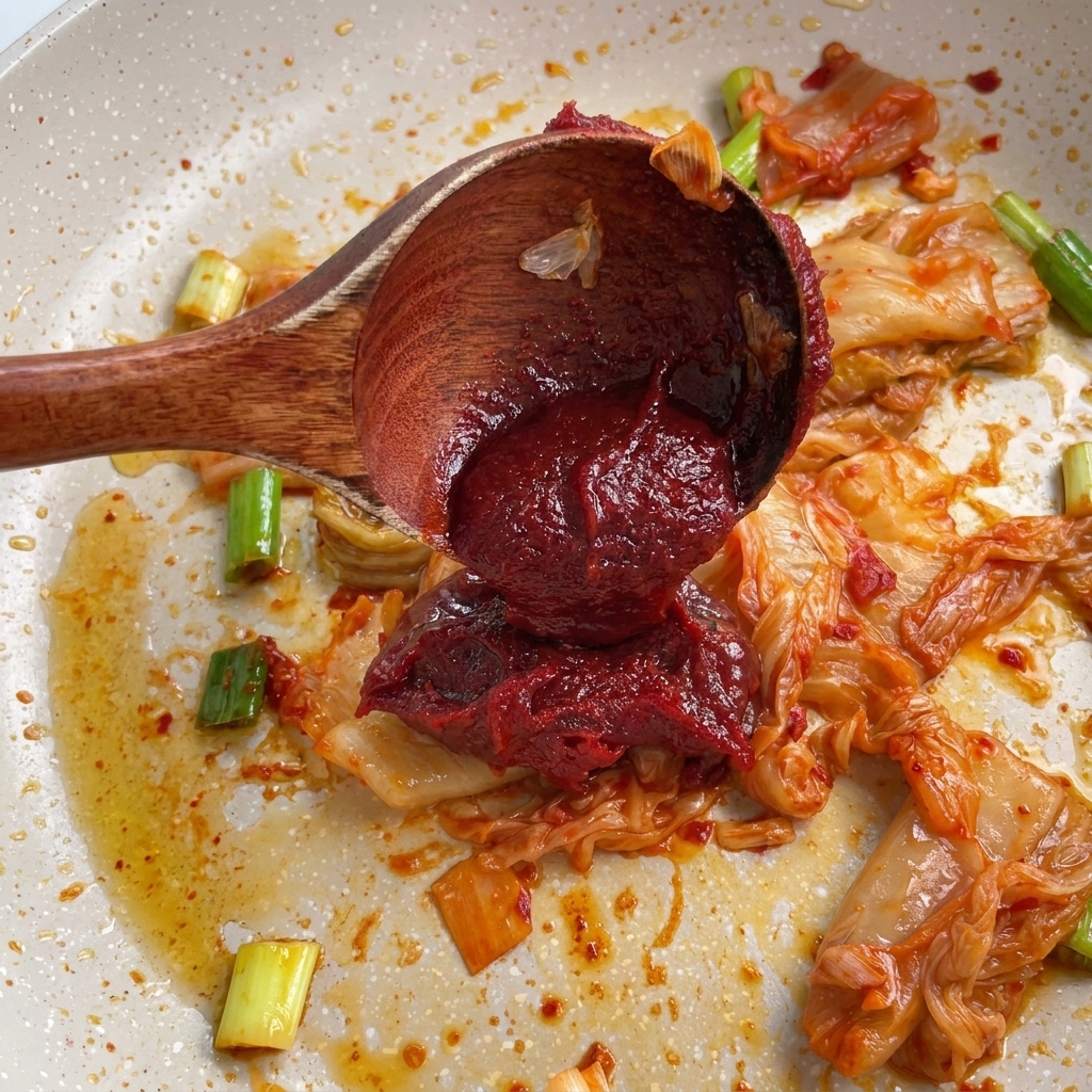 A wooden spoon placing a dollop of thick red gochujang chili paste onto stir-fried kimchi and green onions in a pan.