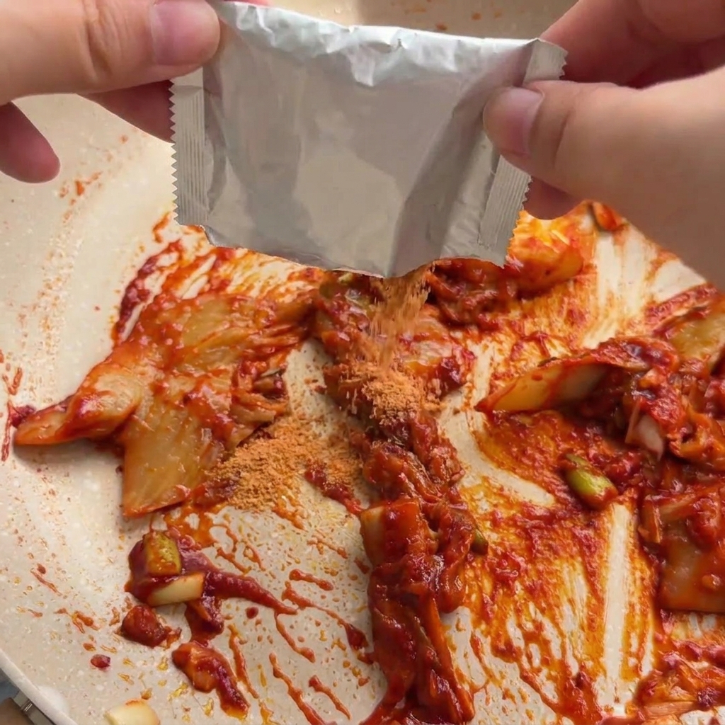 Ramen seasoning powder being sprinkled from a silver foil packet over a red kimchi mixture in a pan.