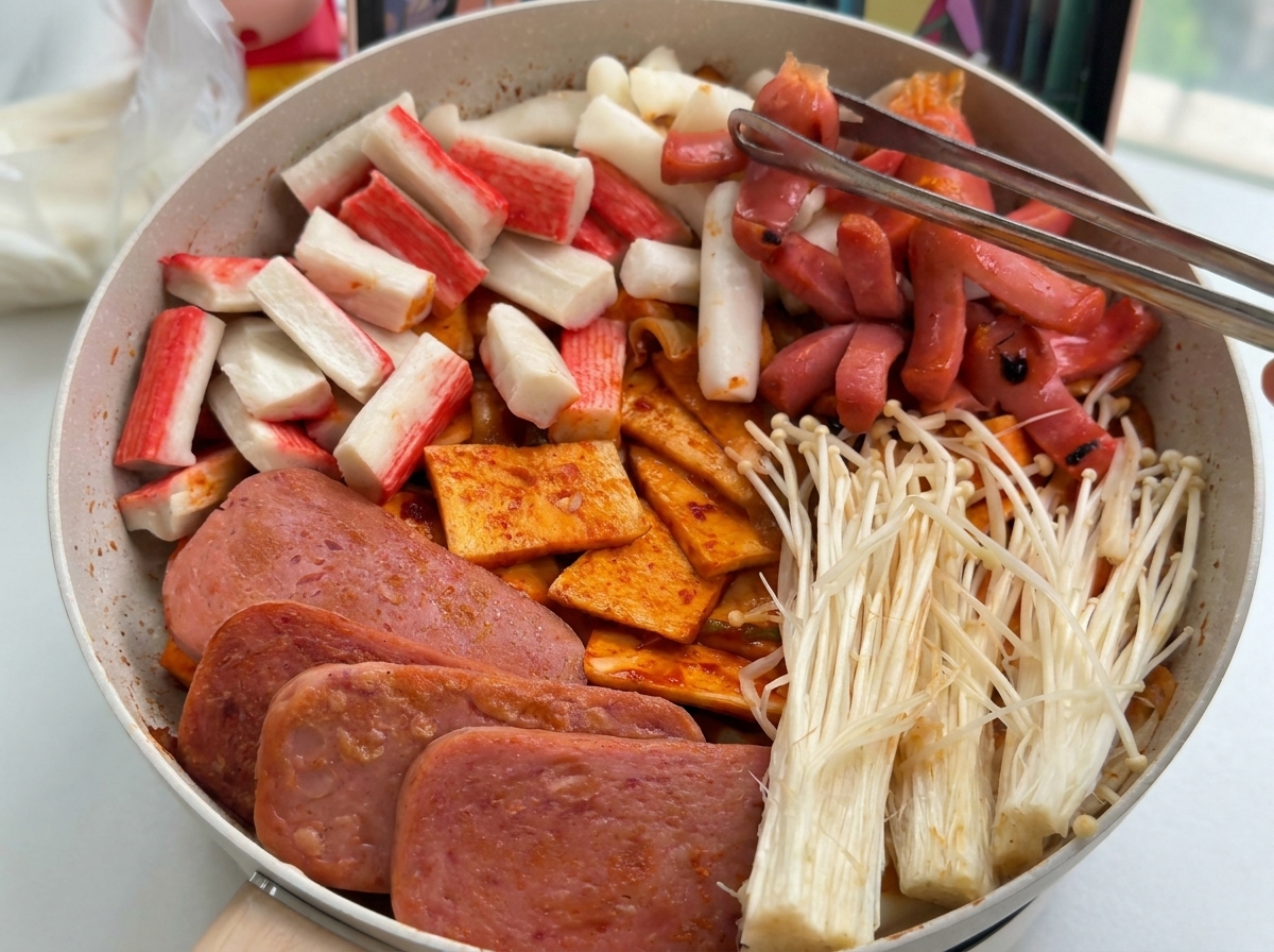 Various stew ingredients including spam, crab sticks, and enoki mushrooms neatly arranged in sections within a cooking pot.