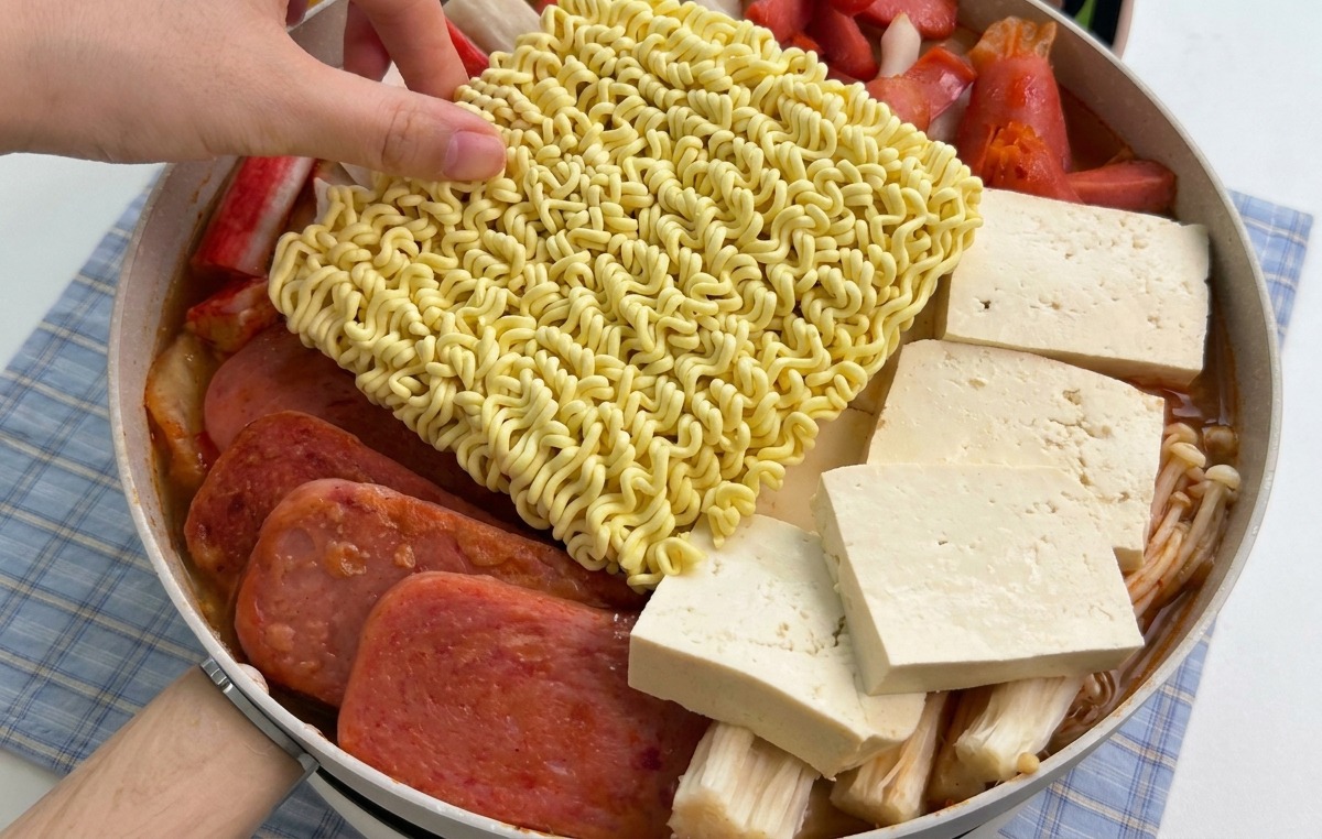 A hand placing a square of dry ramen noodles onto an assortment of sausages, spam, and tofu in a large cooking pan.