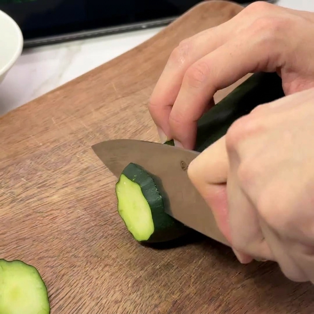 A close-up shot of hands using a chefs knife to slice a fresh cucumber into thin circular rounds on a wooden board.
