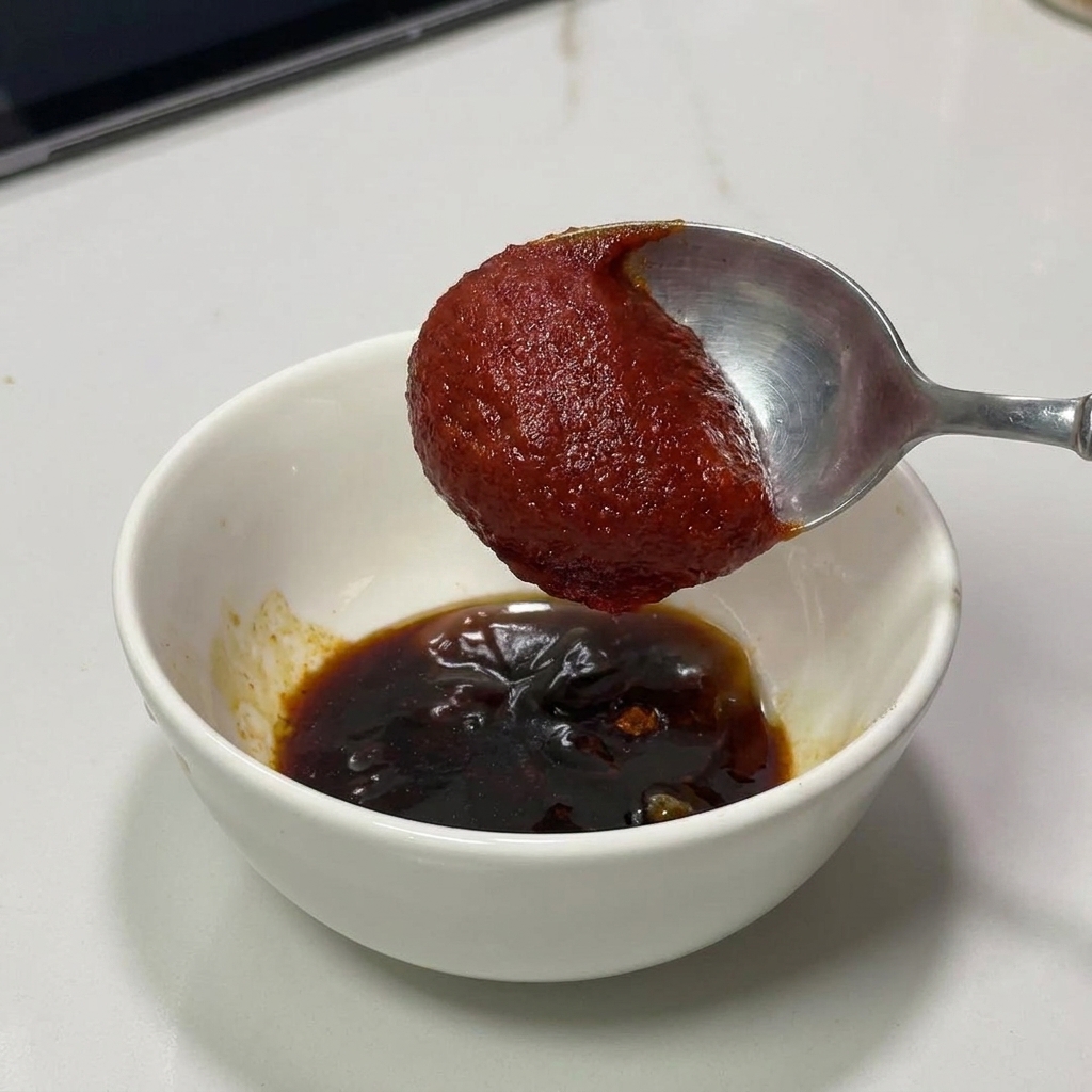 A spoon holding a thick dollop of dark red gochujang paste over a white bowl containing soy sauce and chili powder.