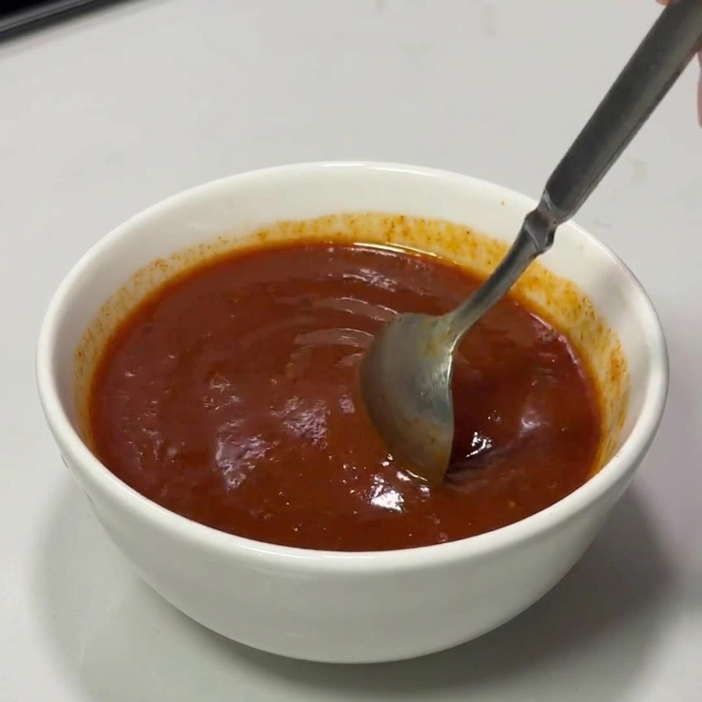 A hand using a spoon to stir a thick, vibrant red Korean chili sauce in a white bowl until smooth.