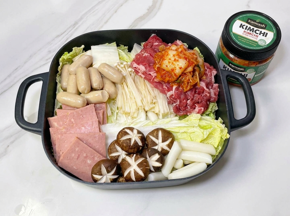 A cooking pot fully assembled with colorful layers of beef, sausages, kimchi, rice cakes, and vegetables.
