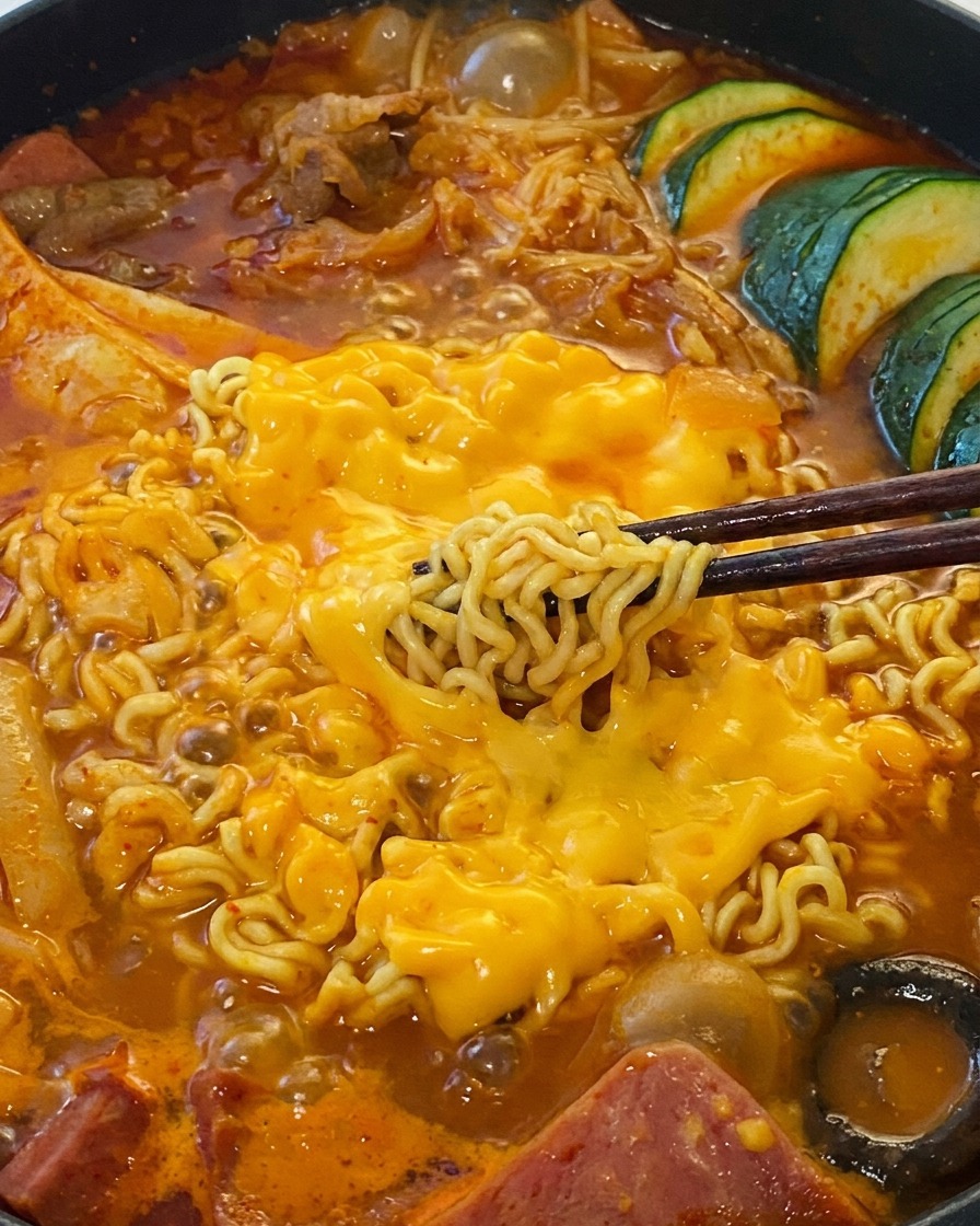 A close-up of steaming instant noodles being lifted with chopsticks, covered in a thick layer of melted yellow cheese over a red Korean stew.