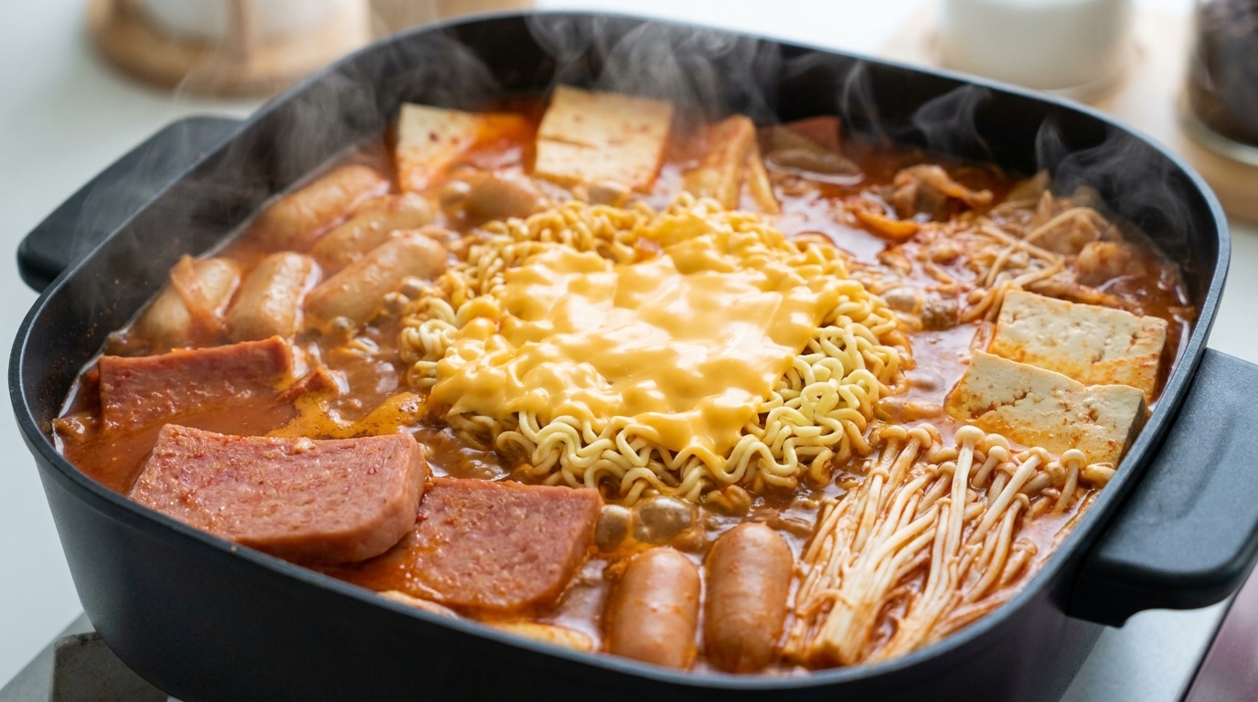 Spicy Korean Army Stew bubbling in an electric pot with melted cheese over golden instant noodles.