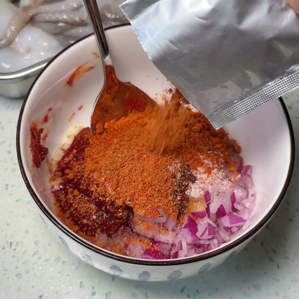 Orange-red seasoning powder being poured from a silver packet into a mixing bowl containing red chili paste and other sauce ingredients.