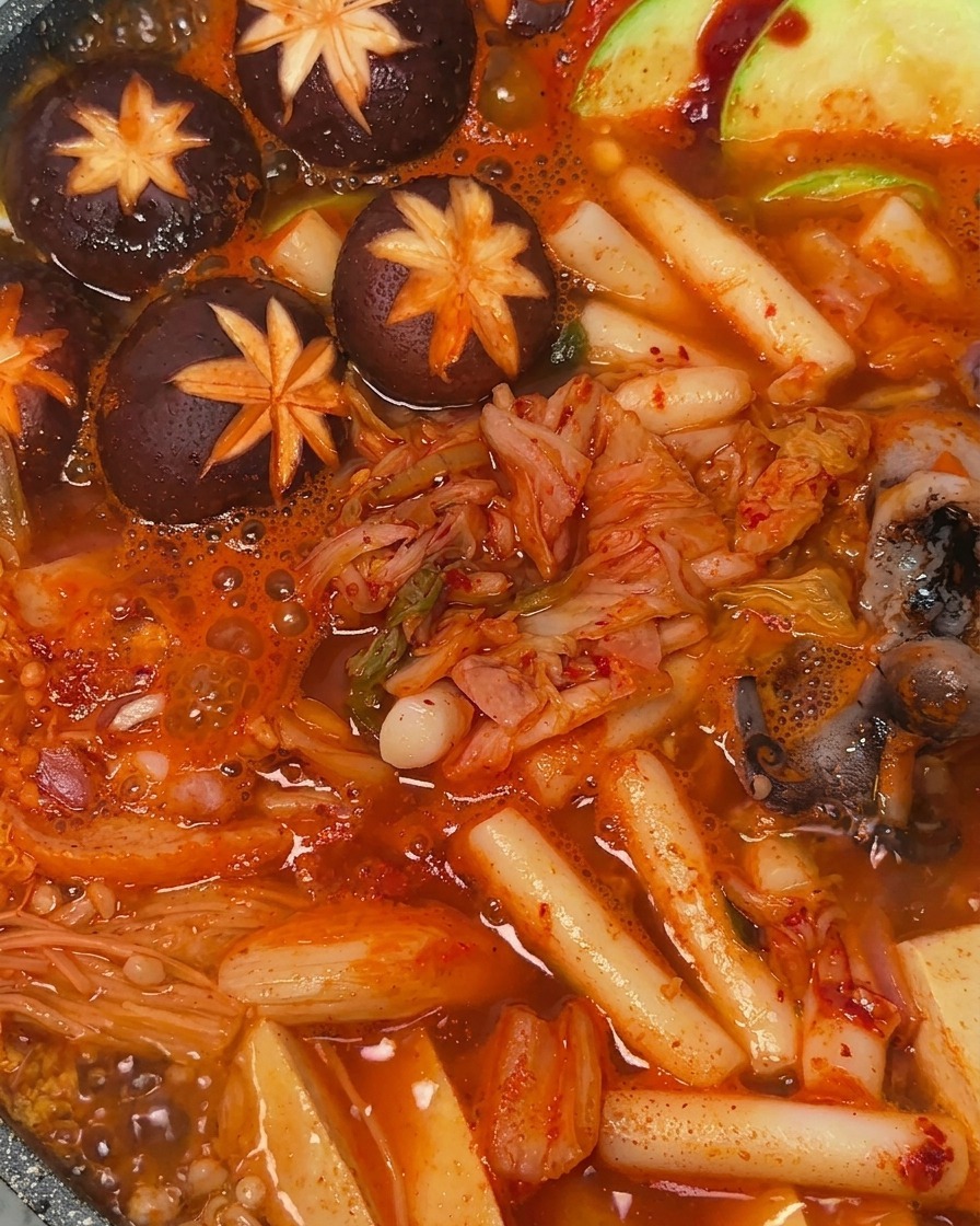 Fermented kimchi added to the center of a bubbling pot of spicy red Army Stew with visible mushrooms and rice cakes.
