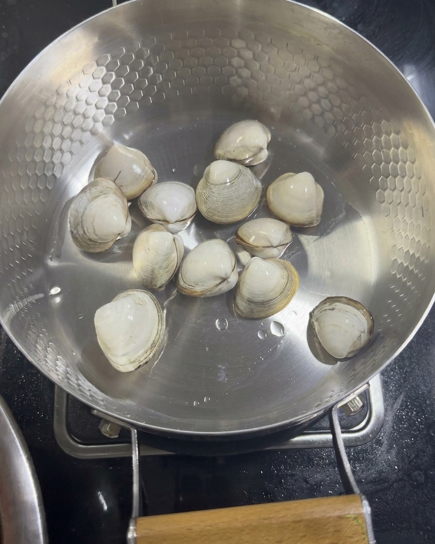 Several raw white clams are arranged at the bottom of a stainless steel pan with a honeycomb texture, ready to be steamed.