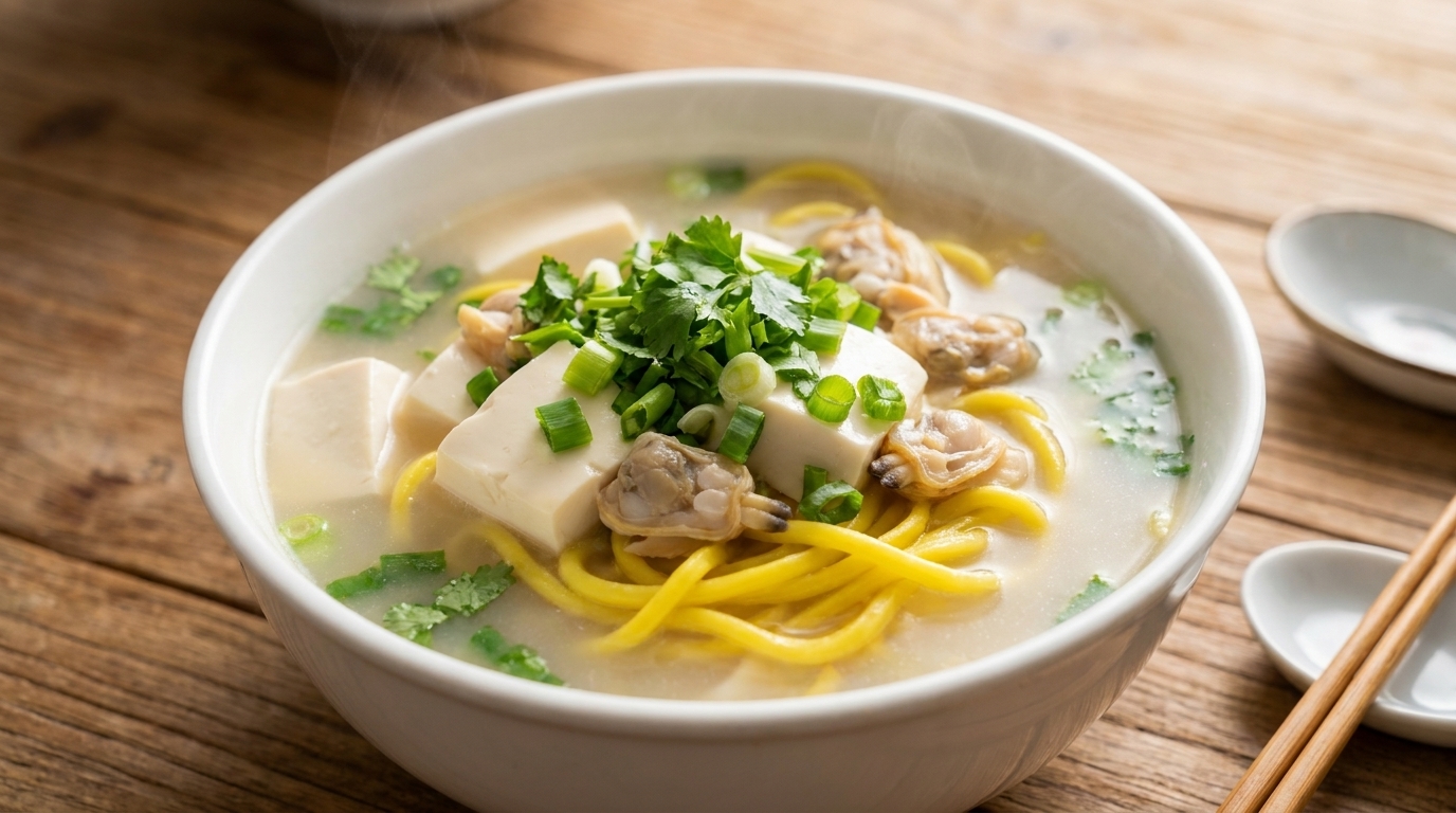 Dandong Clam and Silken Tofu Soup with Cha-zi Noodles