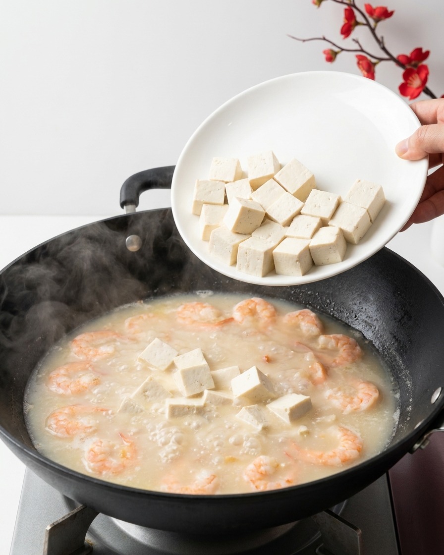 A white plate held over a wok, with small cubes of fresh white tofu being dropped into a bubbling, milky seafood broth.