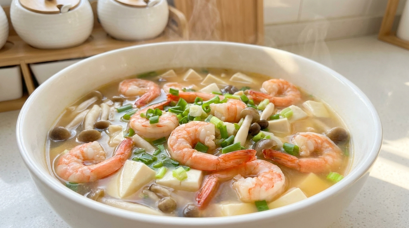 Seafood Tofu Soup with Shrimp and Shimeji Mushrooms