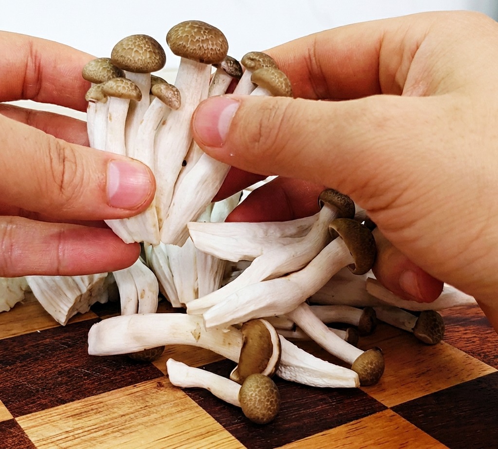 Two hands carefully breaking apart a bunch of brown-capped seafood mushrooms over a checkered board.
