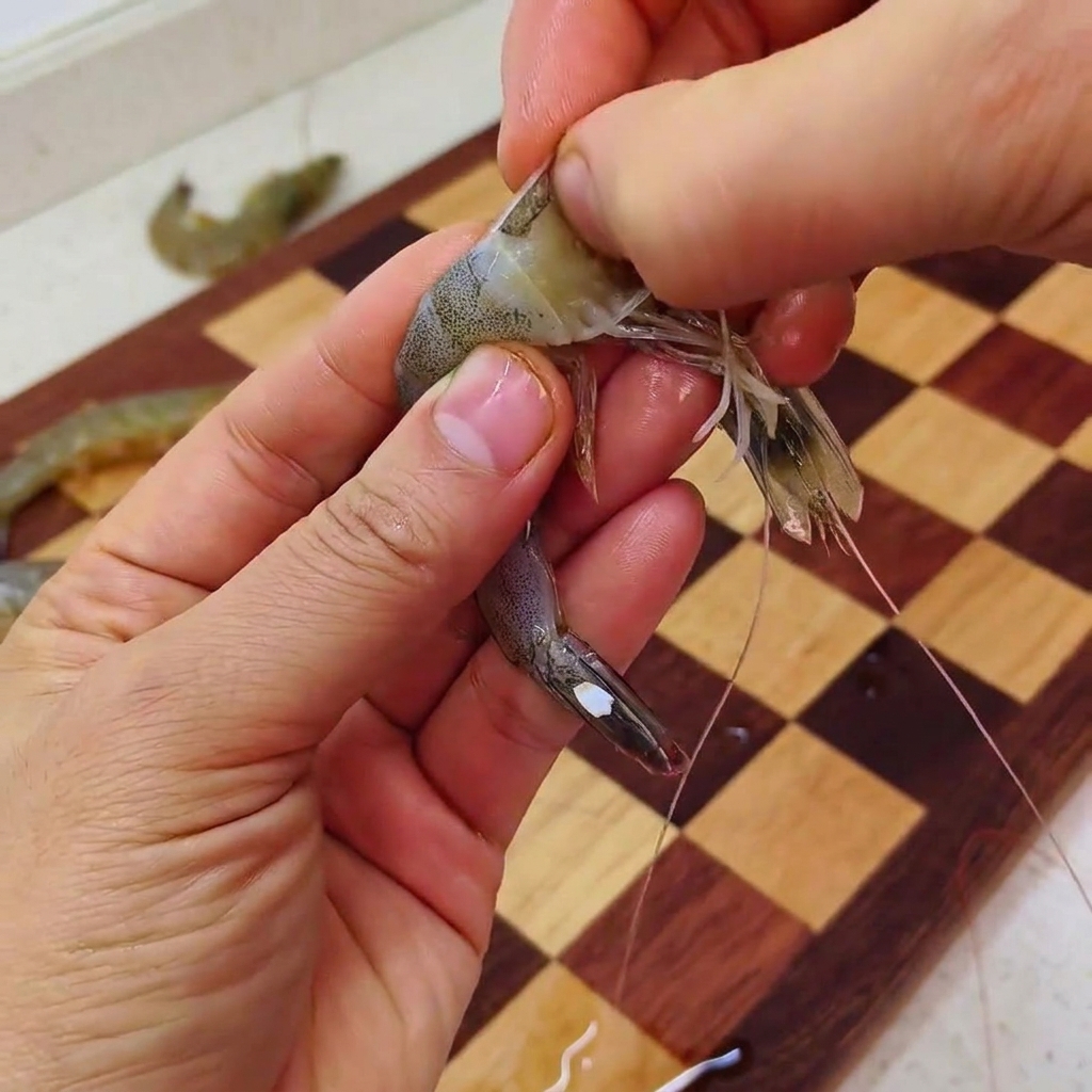Close-up of hands removing the head and pulling out the digestive vein from a raw shrimp.