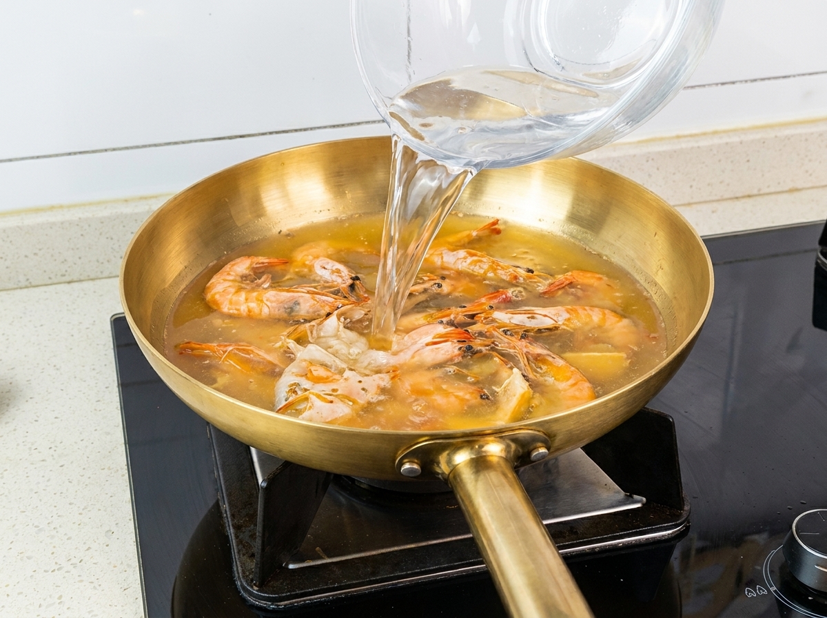 Water being poured from a glass bowl into a brass-colored pan containing fried shrimp shells and simmering yellow liquid.