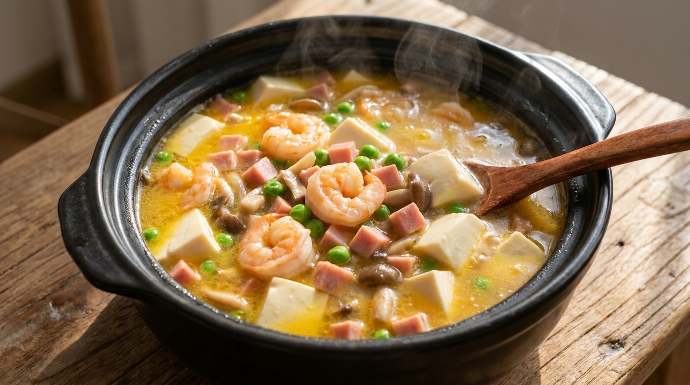 A spoonful of golden Sanxian Tofu Soup with shrimp and silken tofu in a clay pot