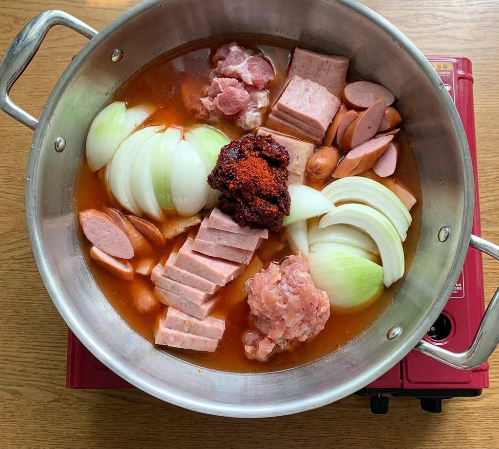 A large stainless steel pot containing arranged sliced spam, sausages, onions, and ground meat, topped with a mound of red spicy paste and submerged in light broth.