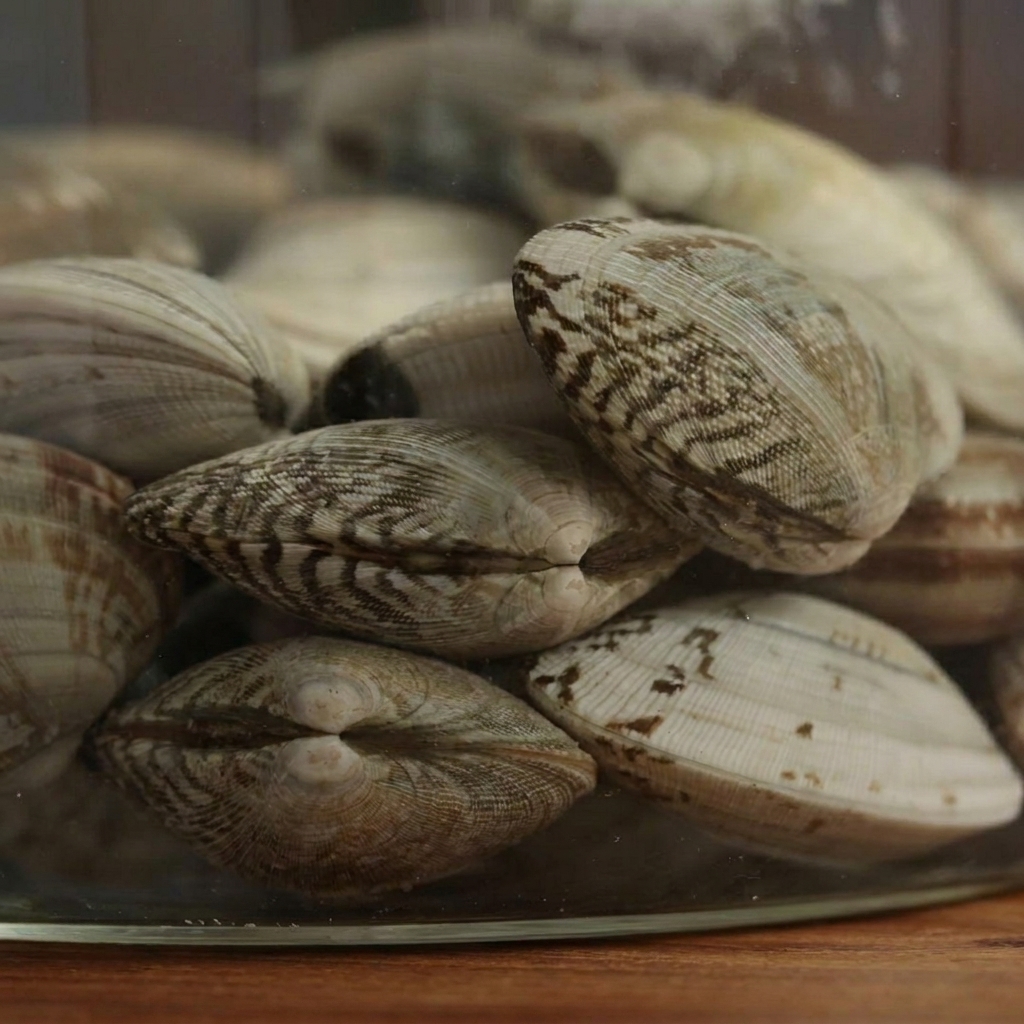 A close-up shot of several clams submerged in water inside a glass container.