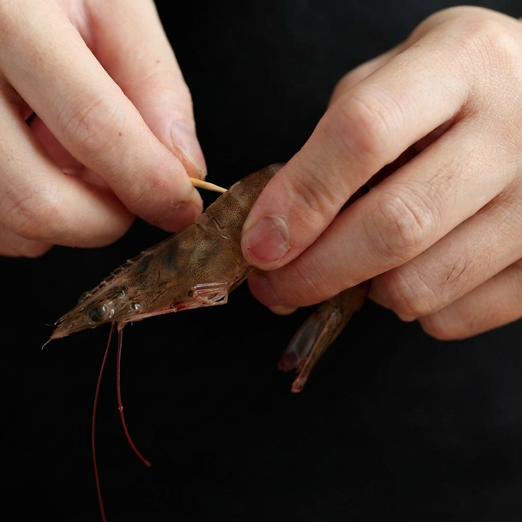 Hands using a small wooden toothpick to extract the dark vein from a raw, translucent shrimp against a black background.