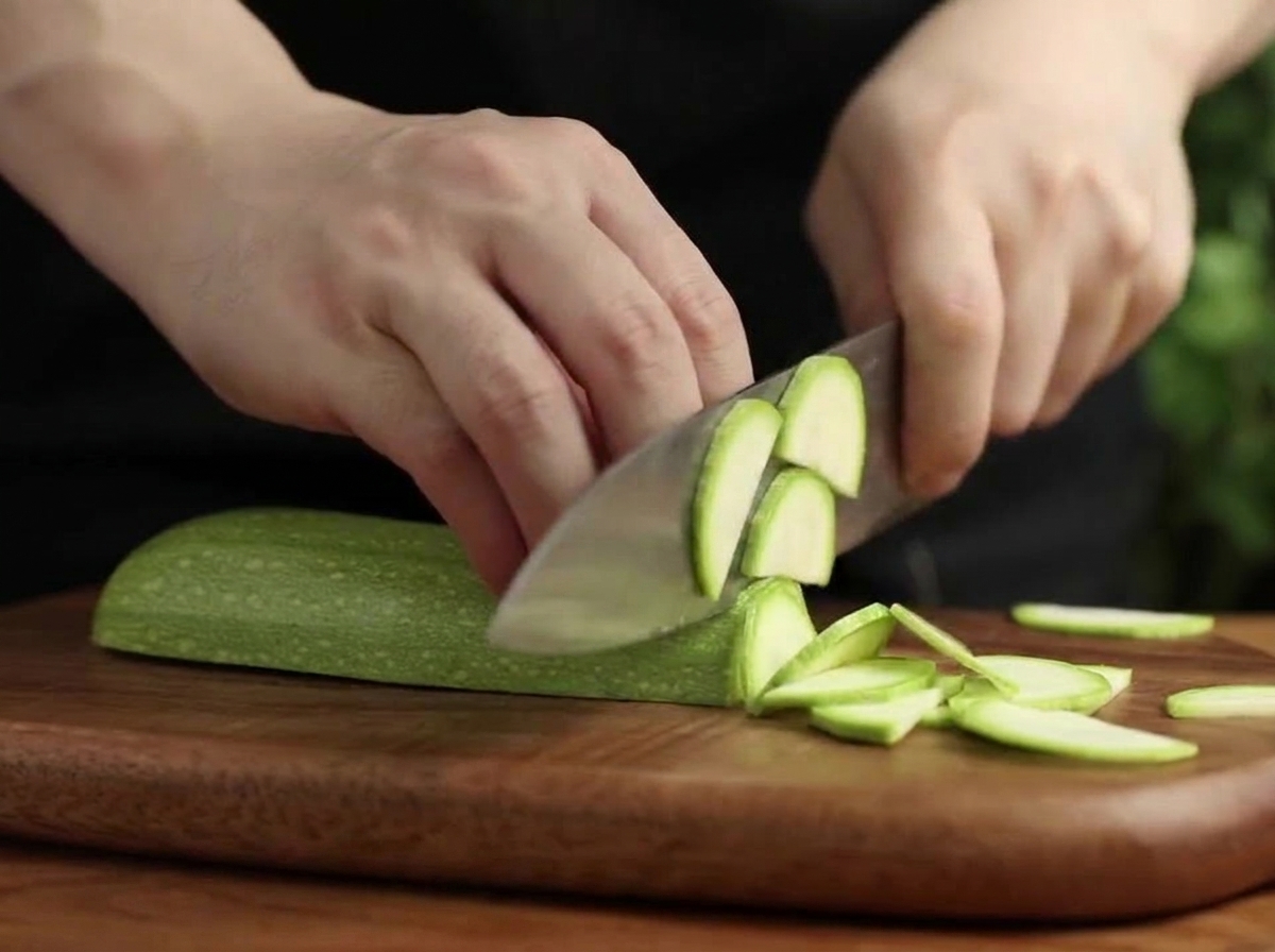 Hands slicing a long green zucchini into half-moon pieces on a wooden board, with several slices already cut.