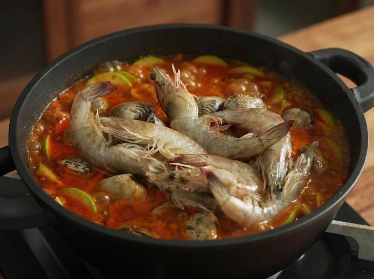Raw grey shrimp being added to a bubbling pot of seafood stew containing zucchini and clams.