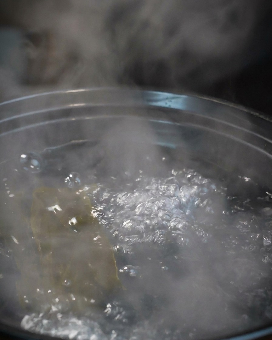 Several large, grey raw shrimp being dropped into a pot of boiling water containing kelp.