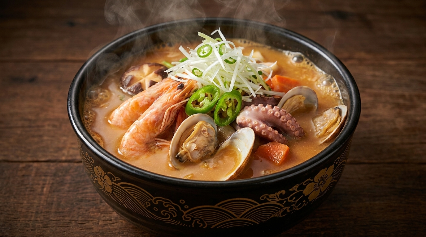 A steaming bowl of Seafood Soybean Paste Soup with flower clams, shrimp, octopus, and fresh green garnishes.