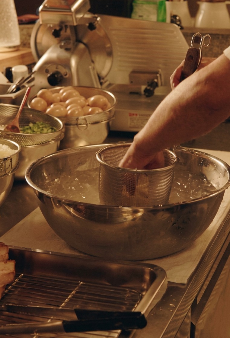 Thick ramen noodles being stirred with a wooden chopstick in a large pot of boiling water.