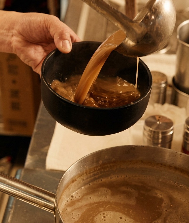 Rich, brown ramen broth being poured from a stainless steel ladle into a matte black ceramic bowl.