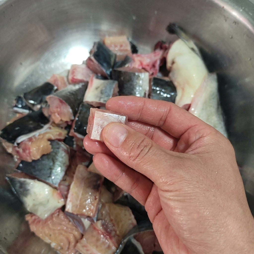 A hand holding a small square chunk of raw catfish, with a bowl of cut fish pieces in the background.