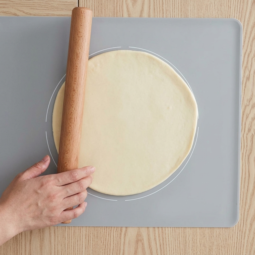 Hand using a wooden rolling pin to flatten dough into a smooth circle on a grey mat.