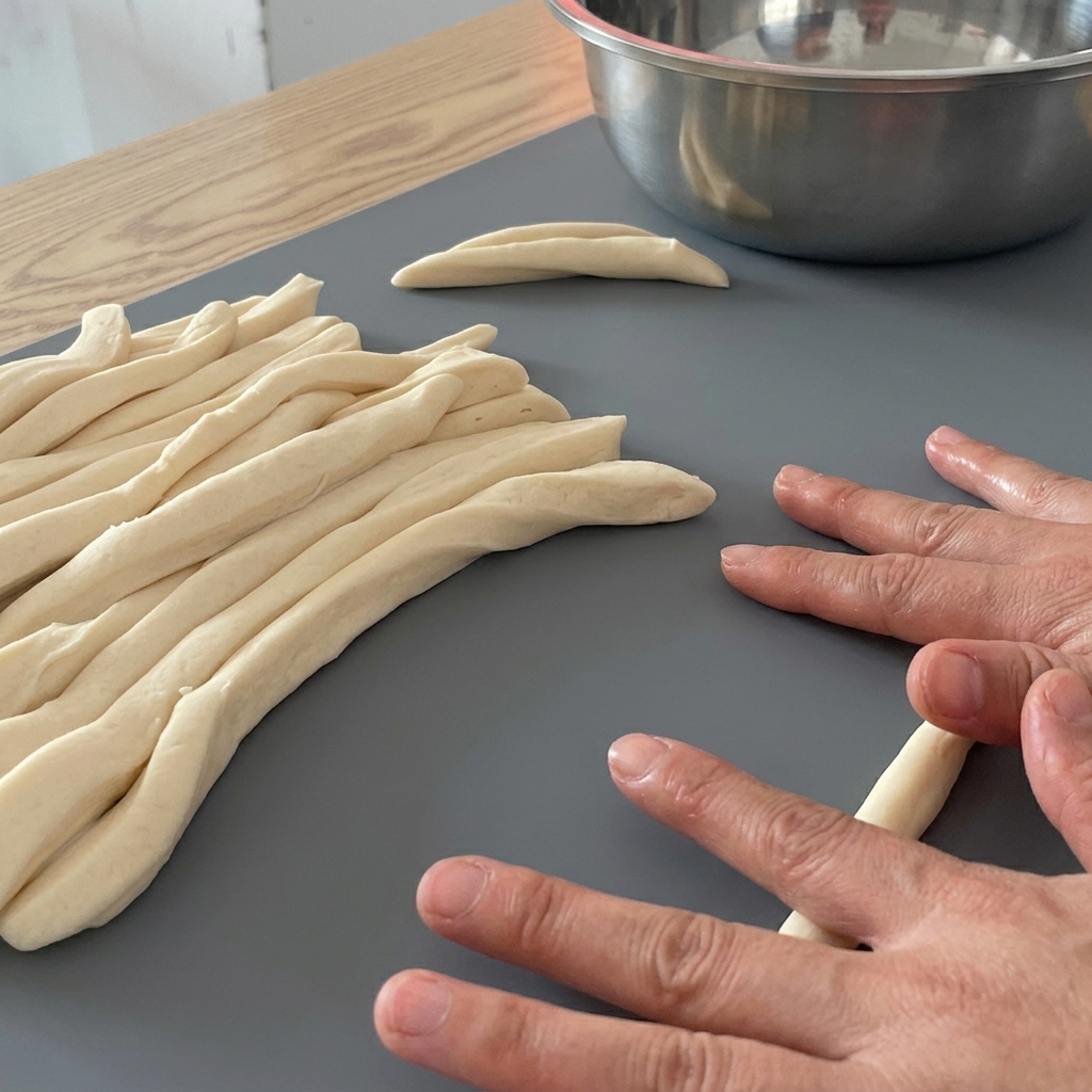 Hands rolling a thick strip of dough into a long noodle on a grey mat.