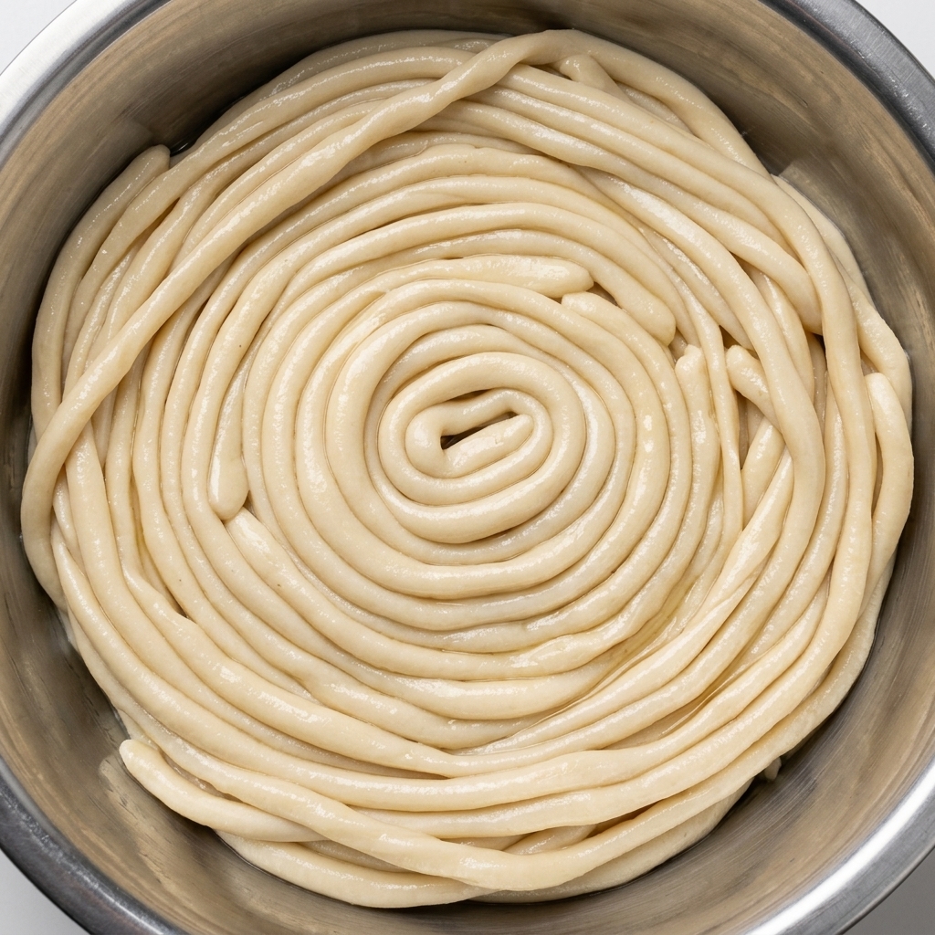 Thin strands of dough neatly coiled in a continuous spiral inside a metal bowl.