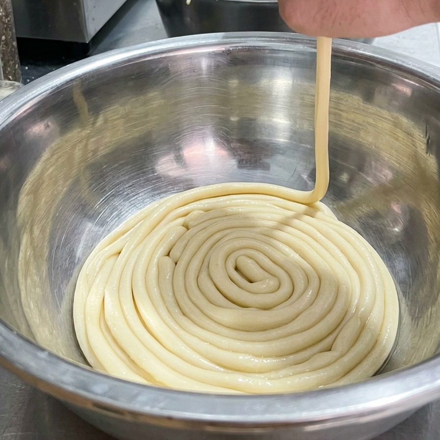A hand pulling a long, thick noodle strand from a coiled bowl of dough, preparing to cook it in boiling water.