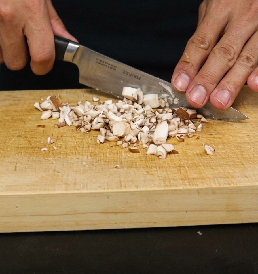 Close-up of a shiitake mushroom being diced into small bits on a wooden prep surface.