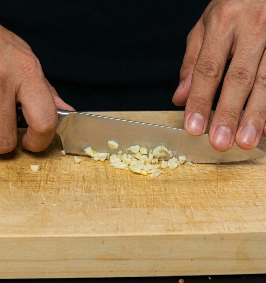 A chef using a kitchen knife to mince a garlic clove into tiny pieces on a wooden cutting board.
