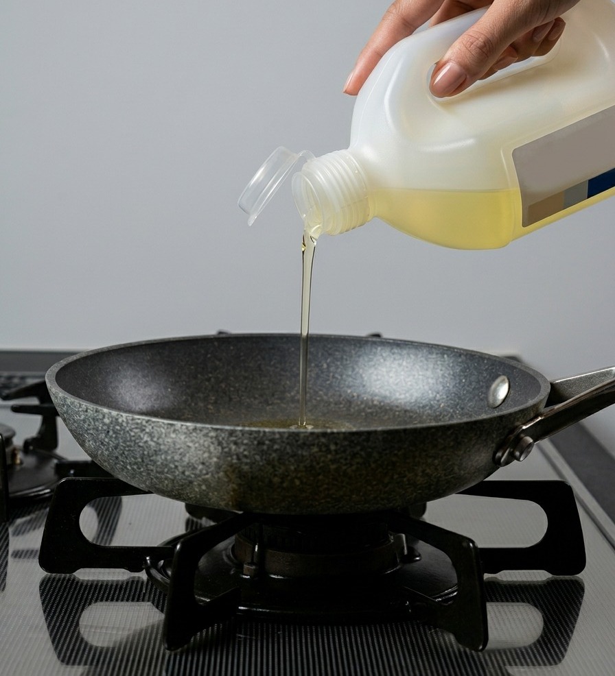 Vegetable oil being poured from a large plastic jug into a grey speckled frying pan on a gas stovetop.