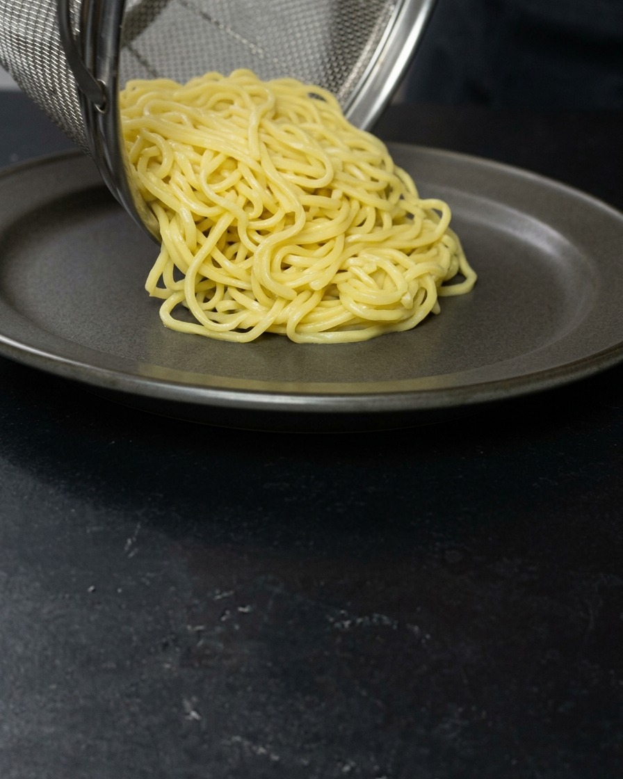 Cooked yellow ramen noodles being poured from a metal sieve onto a dark grey ceramic serving plate.