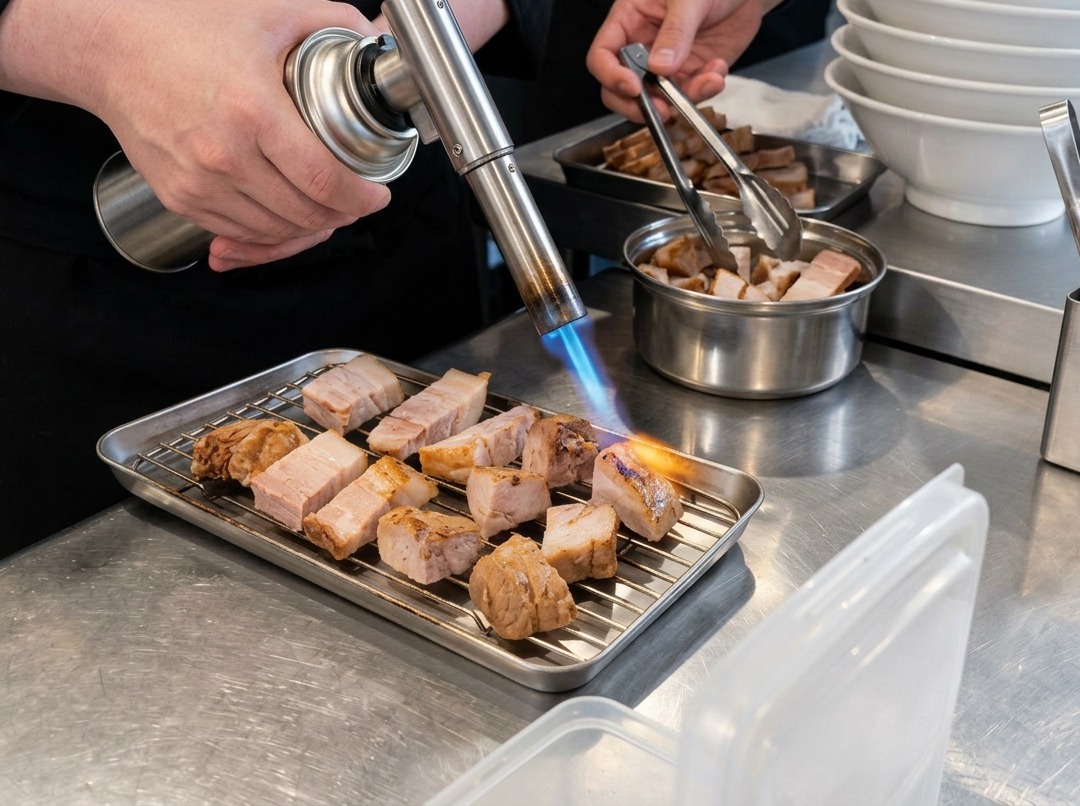 A handheld torch applying a blue flame to several thick slices of pork arranged on a wire rack.